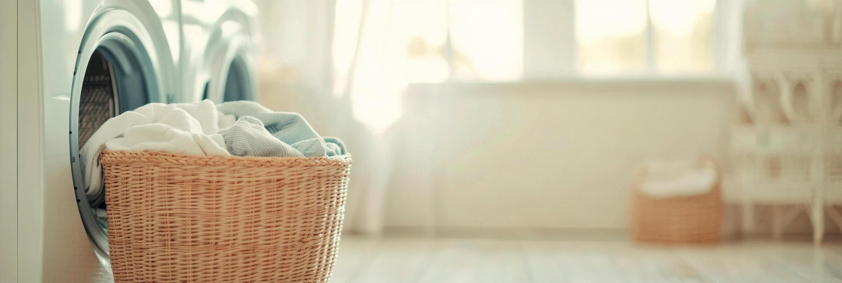 Bright laundry room in the morning with a washing machine and a basket of clean clothes photo