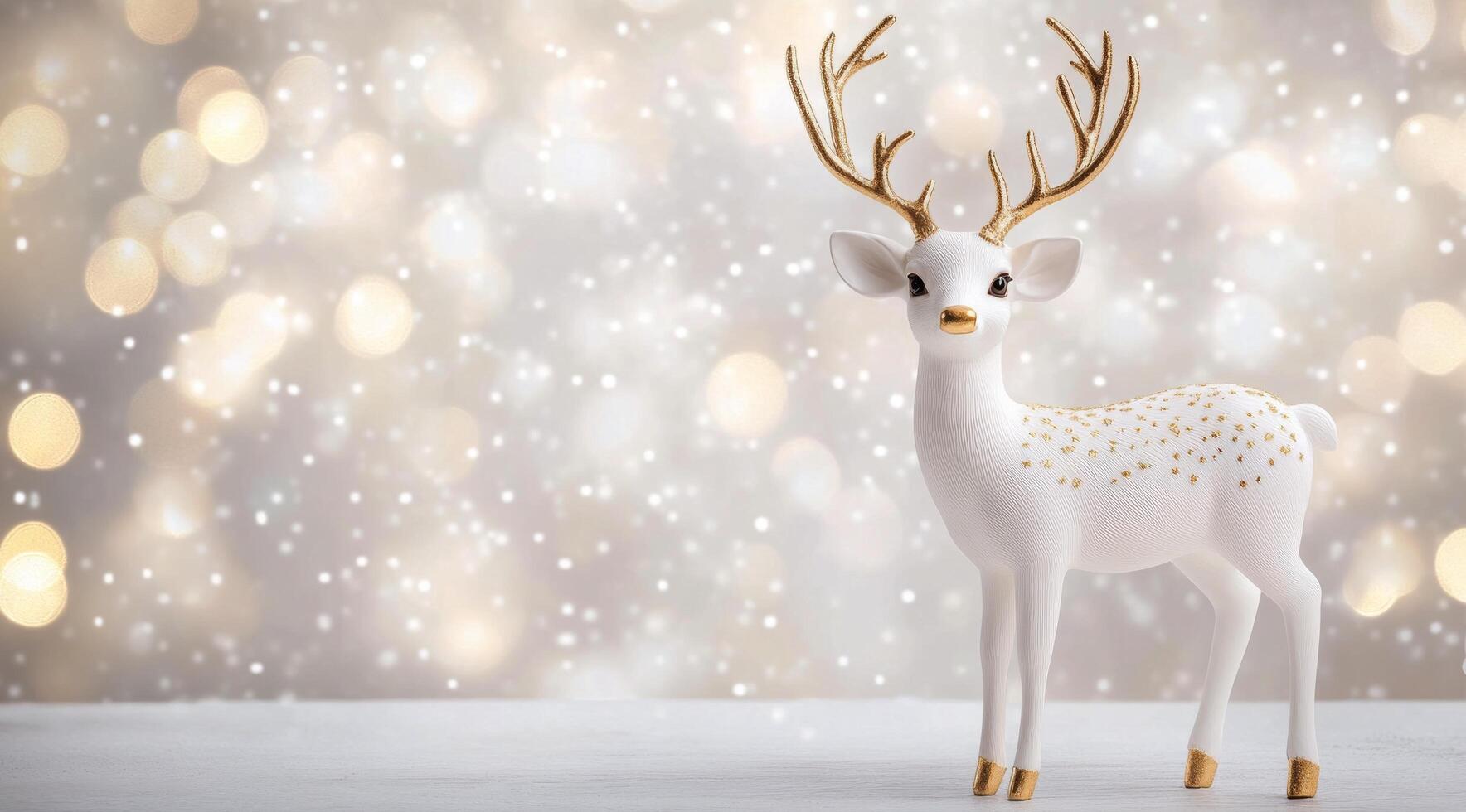 A decorative white deer figurine with golden antlers stands against a shimmering background photo