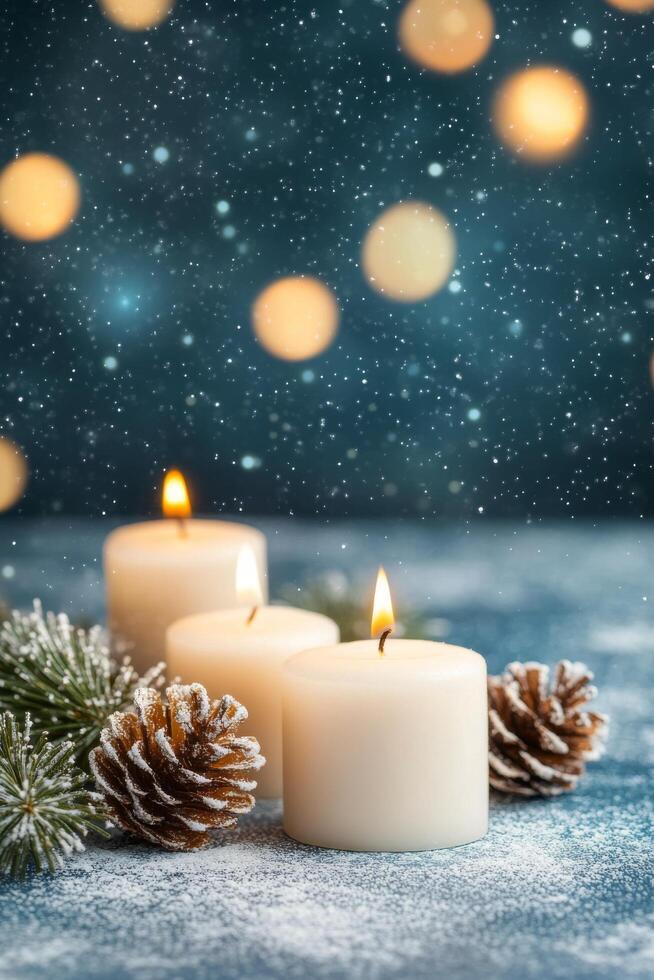 A lit white candle on a sparkly surface with glowing bokeh lights in a cozy evening photo