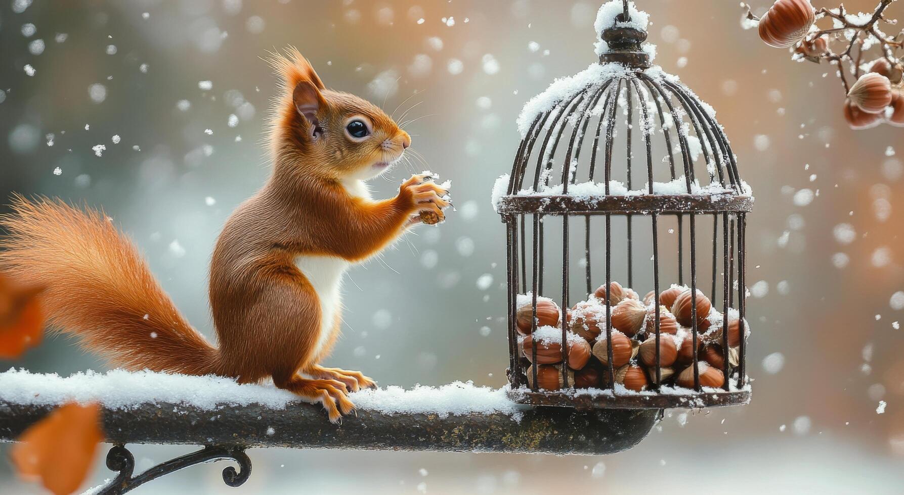 A curious squirrel reaching for hazelnuts in a snowy winter setting near a birdcage photo