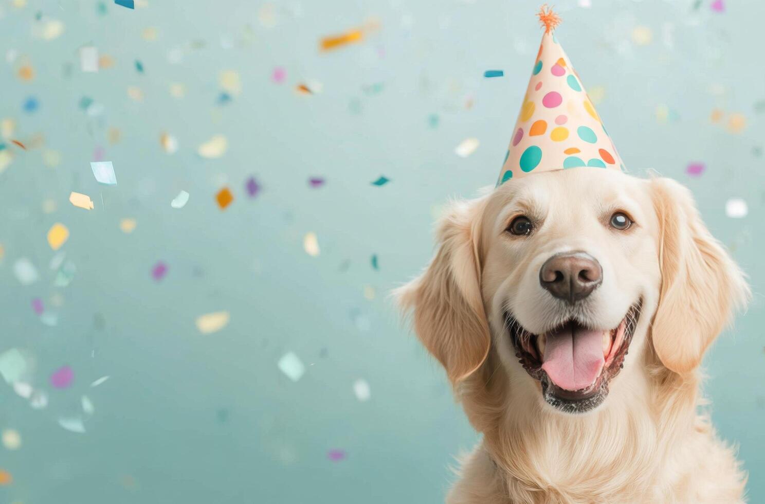 Happy dog wearing a party hat with colorful confetti in a festive atmosphere at a celebration photo