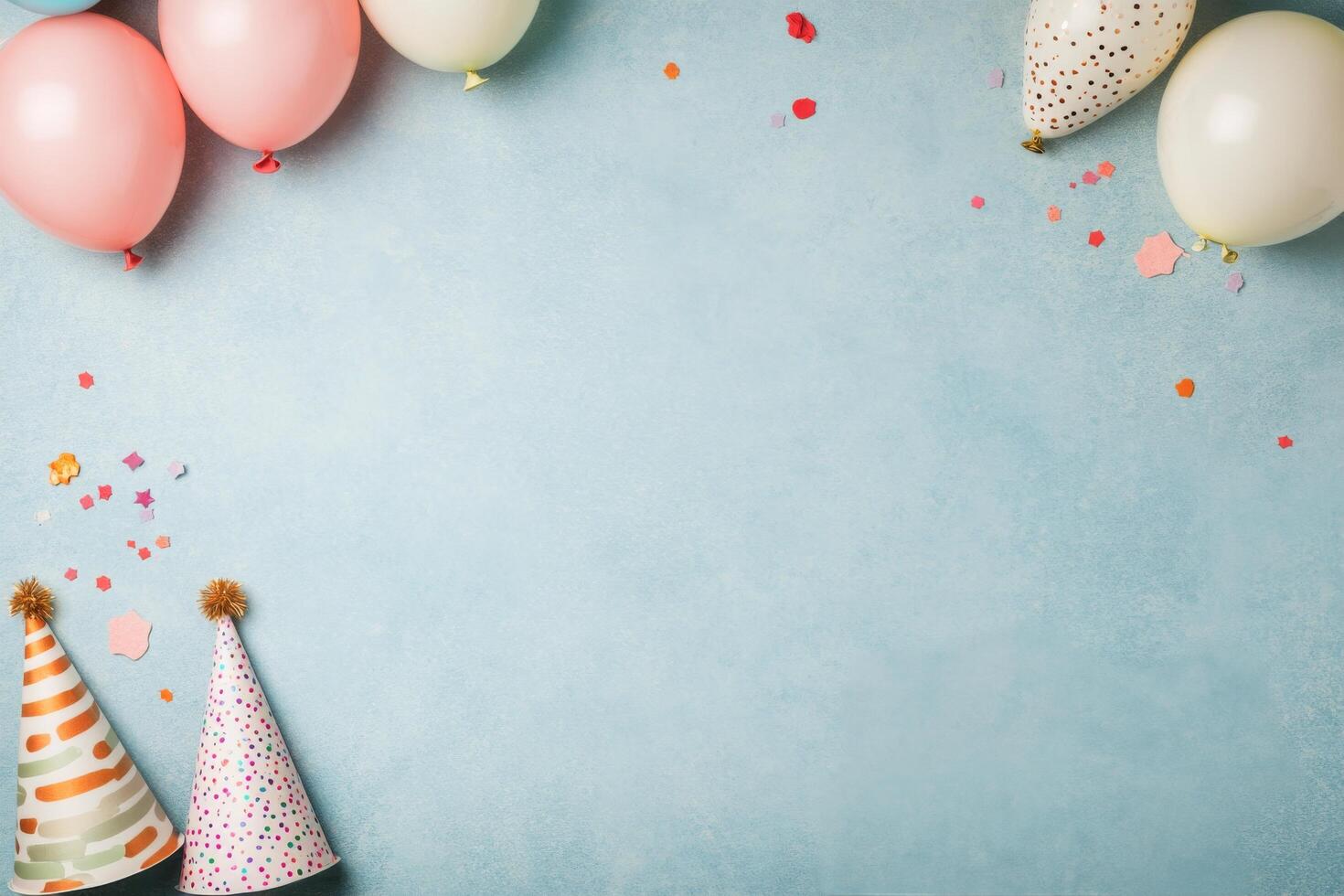 Colorful party decorations with balloons and a festive hat on a light blue background photo