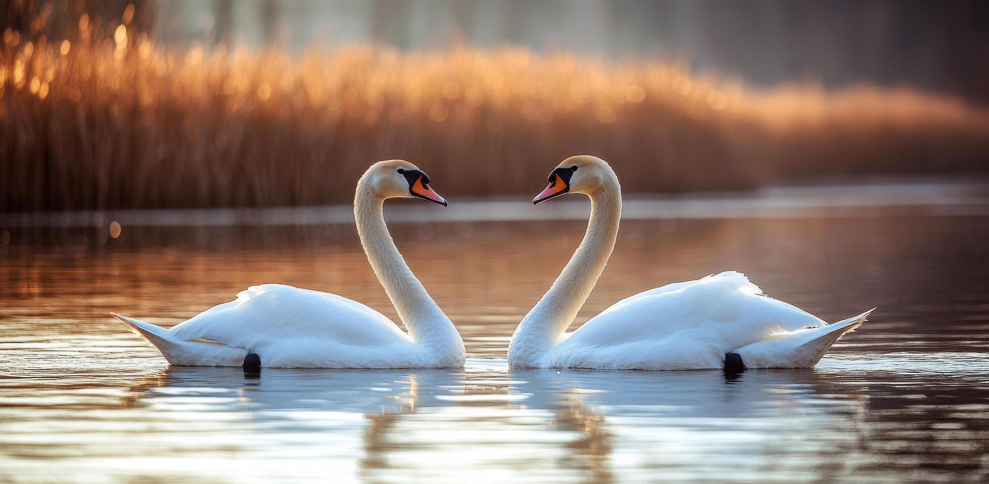 Swans swimming gracefully at sunset in a serene lake surrounded by nature photo