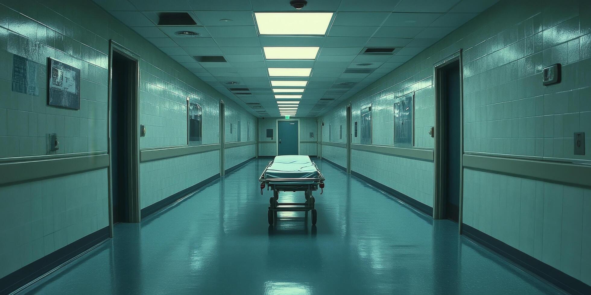 A quiet hospital corridor with an empty stretcher at night in a well lit facility photo