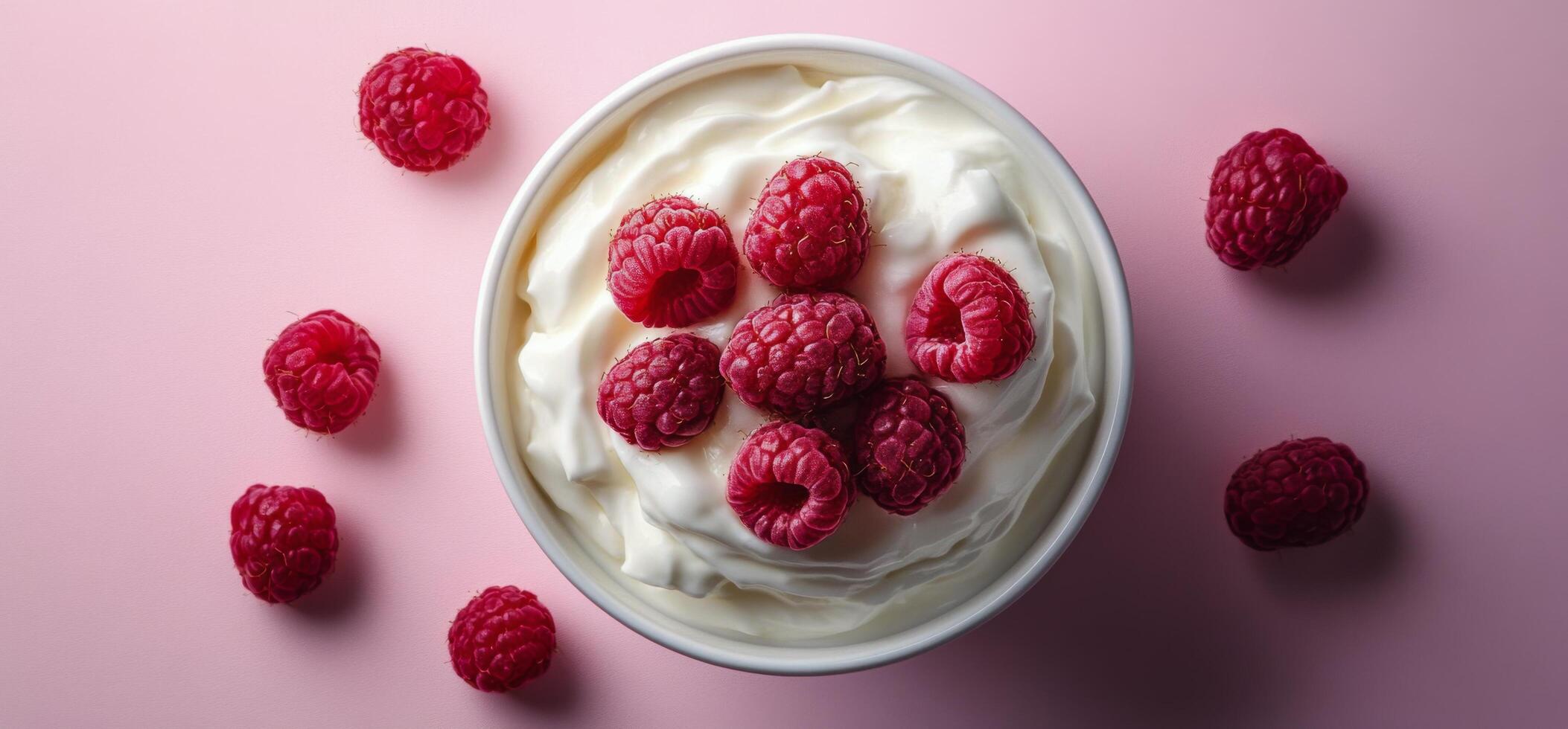Whipped cream topped with fresh raspberries served in a bowl on a pastel pink surface photo
