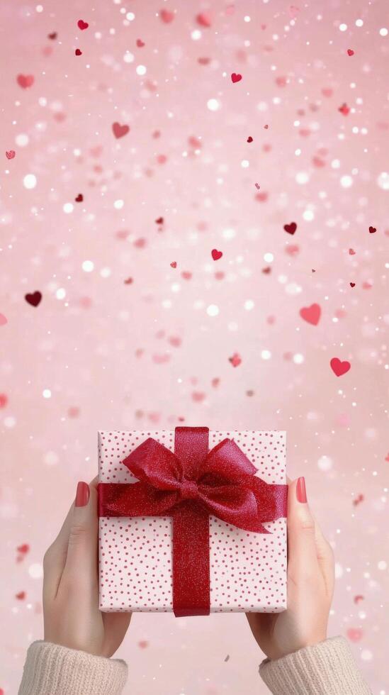 A person holds a gift with a red ribbon against a sparkling pink background photo