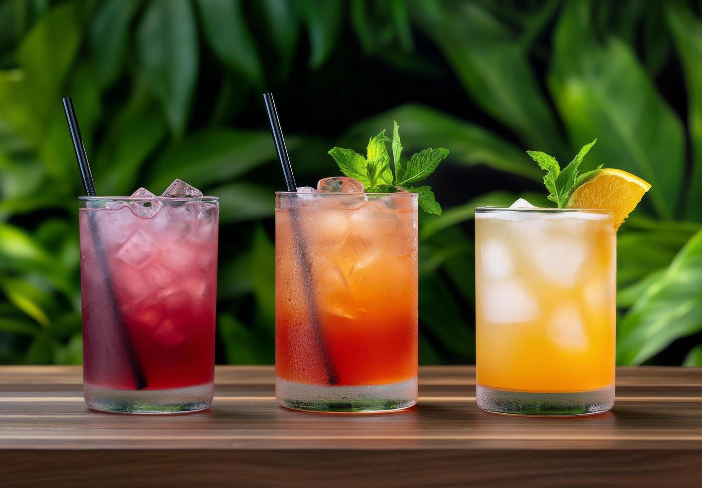 A selection of colorful refreshing cocktails served on a wooden table with lush greenery photo