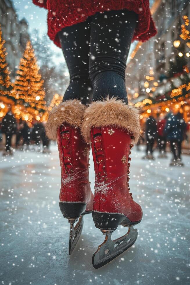 Skater glides on ice in festive winter market adorned with lights and a Christmas tree photo