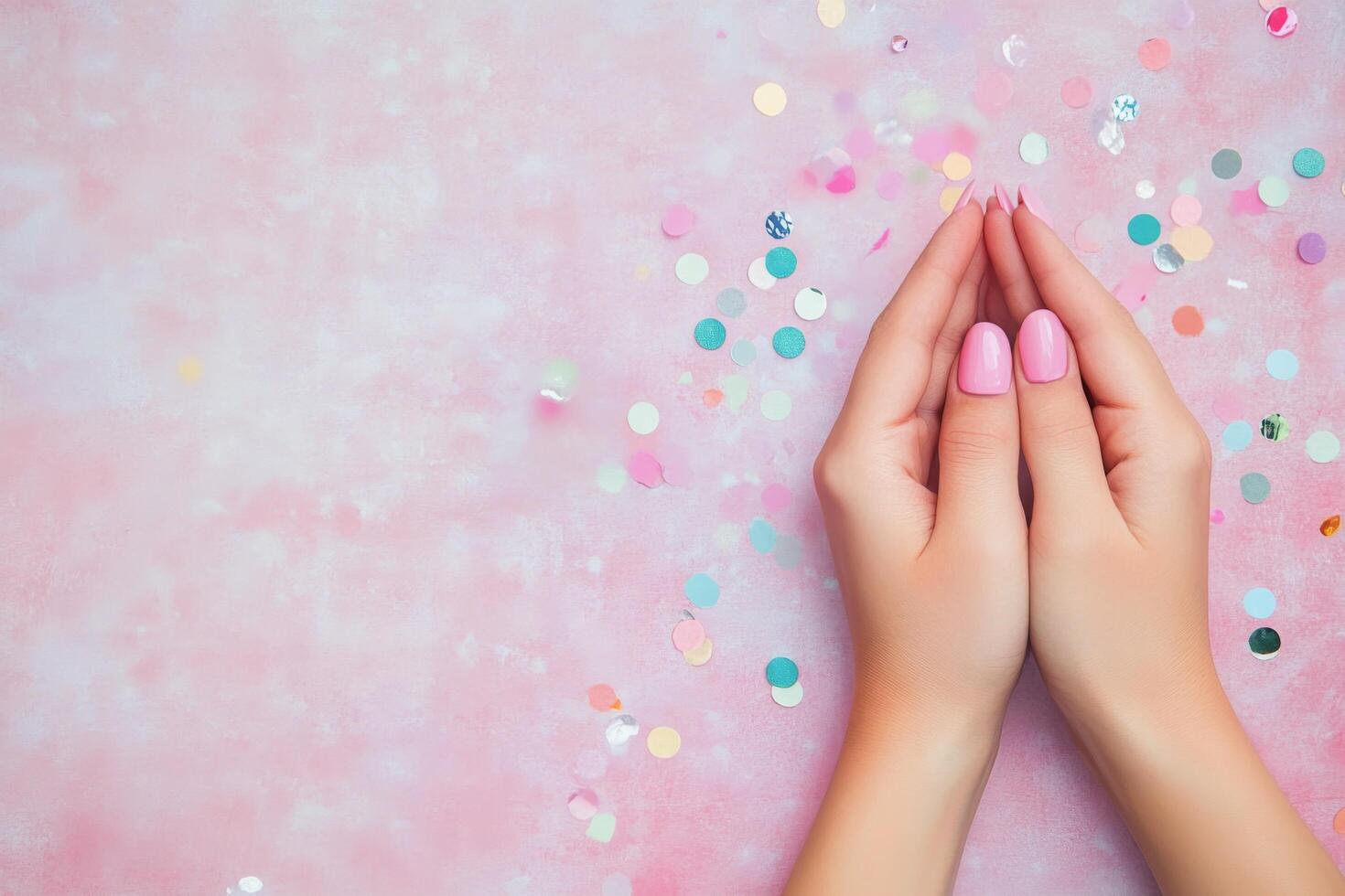 Delicate hands with pastel nail polish amidst shimmering confetti on a soft pink background photo