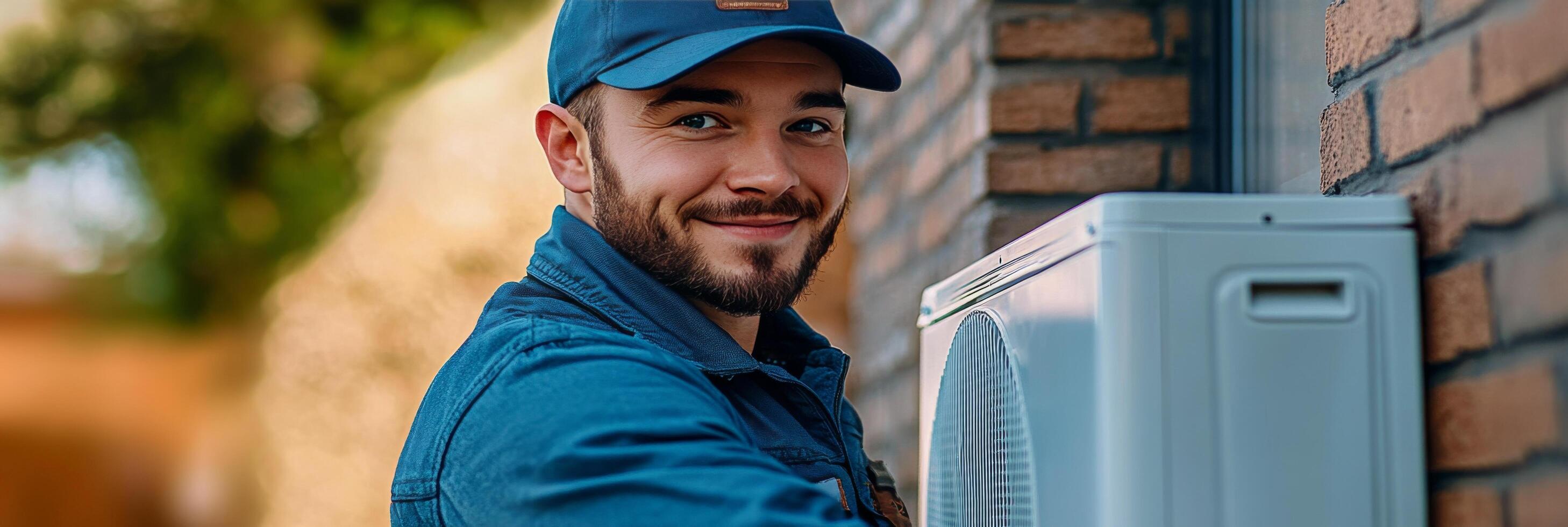 Young man smiling while servicing an air conditioning unit outdoors on a sunny day photo