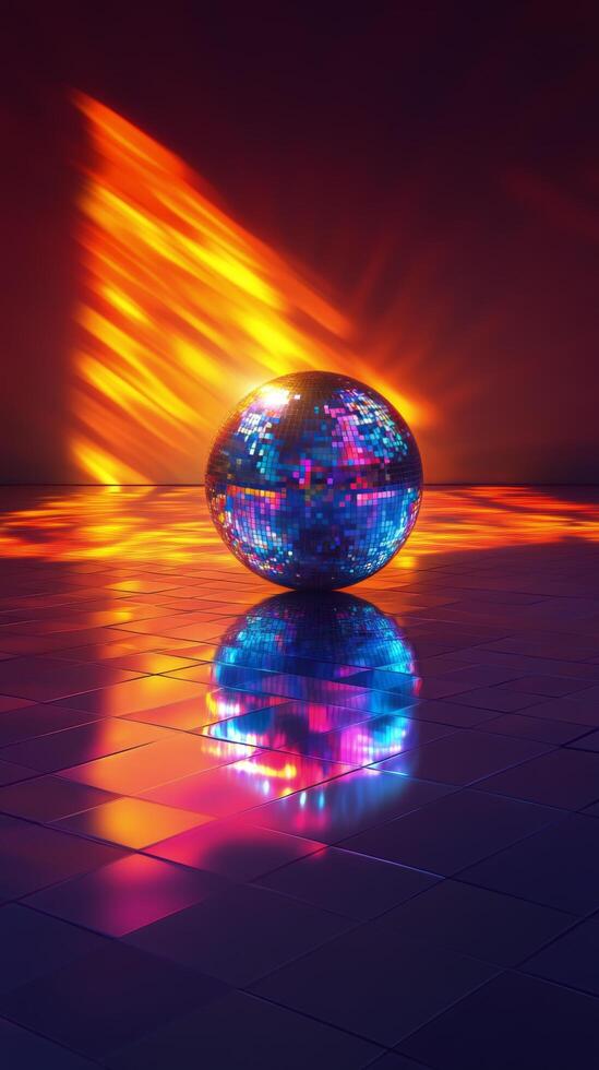 A vibrant disco ball reflecting colorful light patterns at a lively dance party venue photo