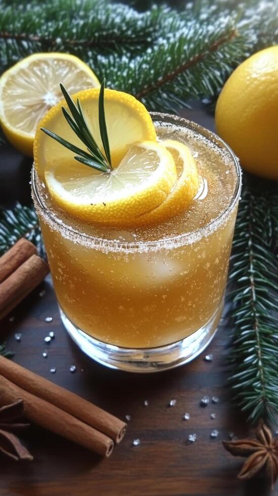 Refreshing lemon drink garnished with rosemary and cinnamon on a wooden table with greenery photo
