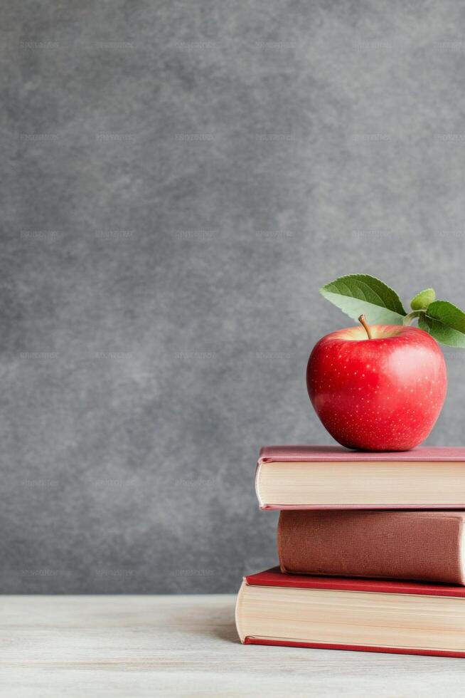 Red apple placed on top of stacked red books against a neutral gray background indoors photo