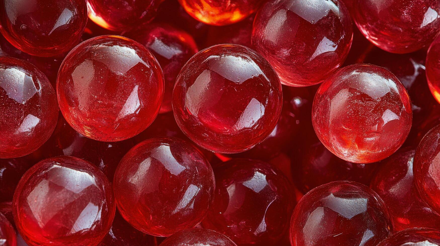 Red glass marbles scattered on a blurred backdrop with bright bokeh effects during daylight photo