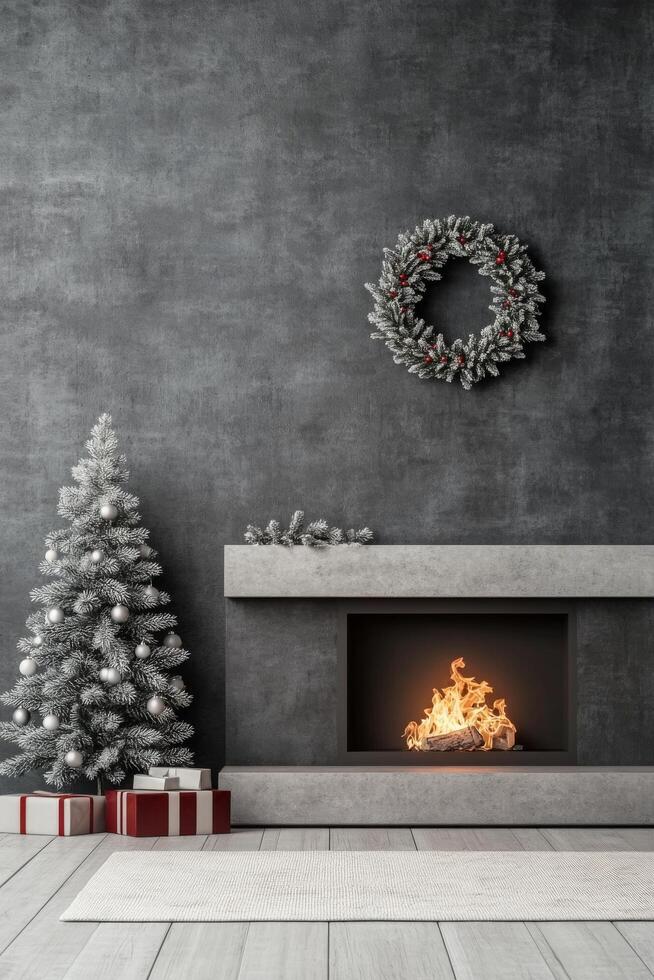 Cozy holiday setting with a decorated tree, fireplace, and festive wreath in a modern room photo