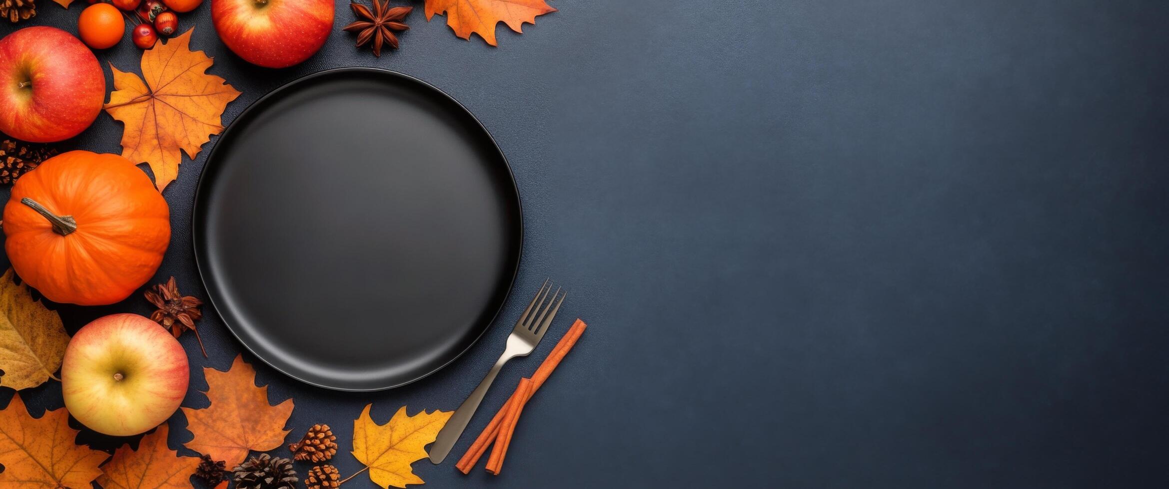 A rustic autumn display with pumpkins, apples, and spices around a black frying pan photo
