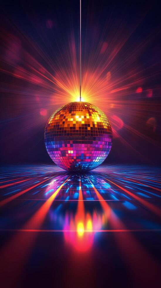 A vibrant disco ball reflecting colorful light patterns at a lively dance party venue photo