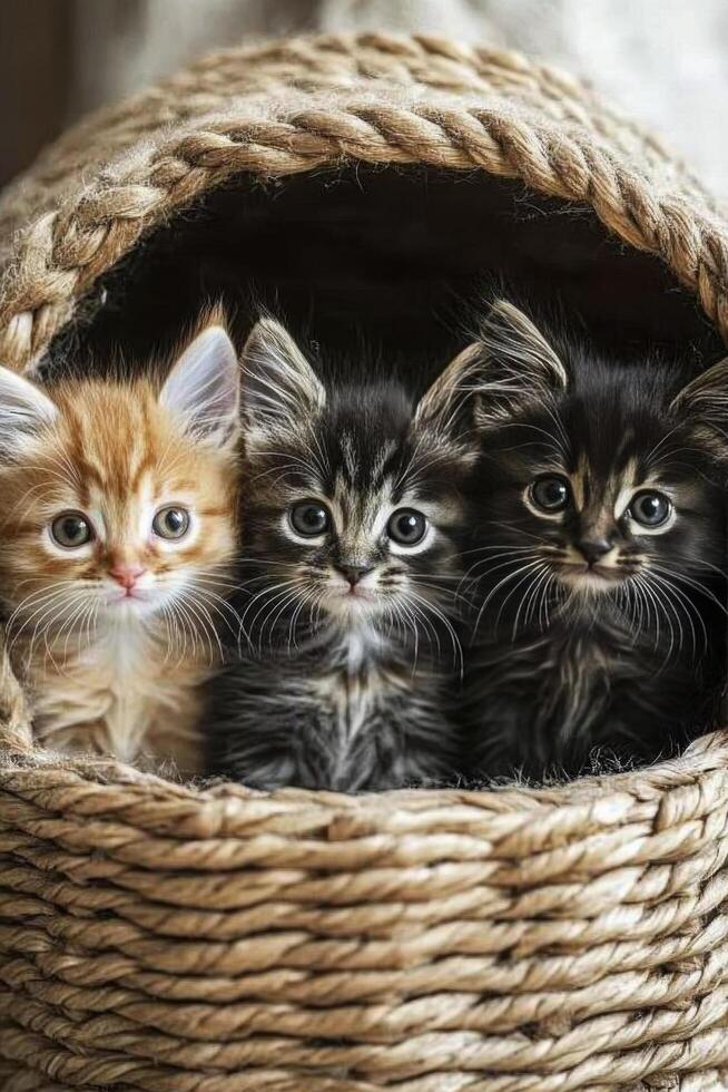Three adorable kittens sitting together in a woven basket on a neutral background photo