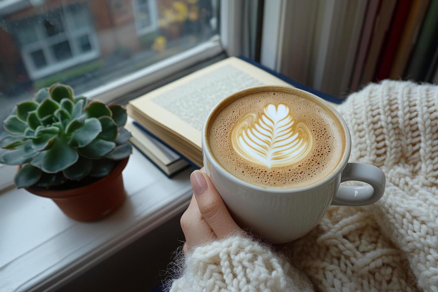 Cozy afternoon with a warm latte by the window overlooking a peaceful neighborhood garden photo