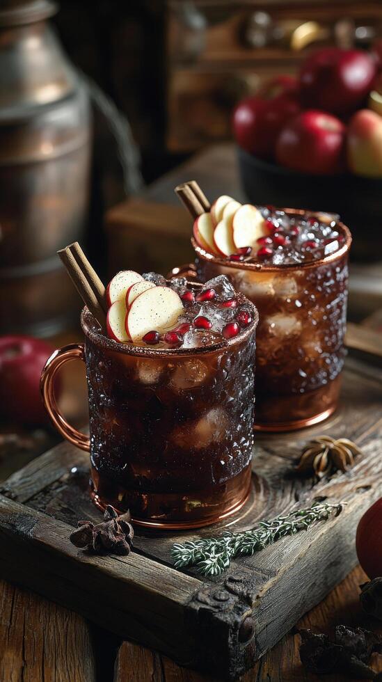 Refreshing fall beverages with apples and pomegranate, served in rustic mugs on a wooden tray photo