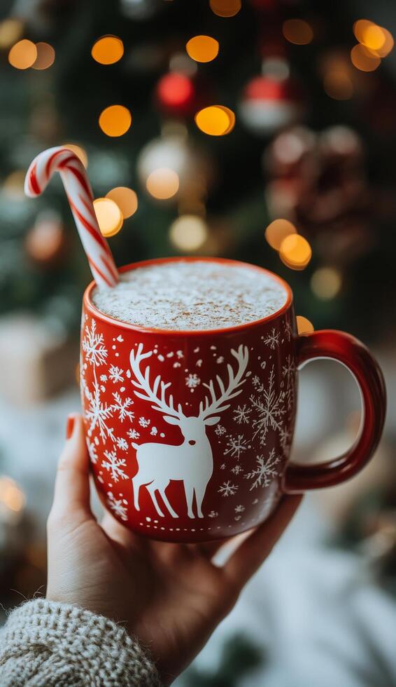 Cozy holiday drink in a festive red mug with a candy cane on a snowy day photo