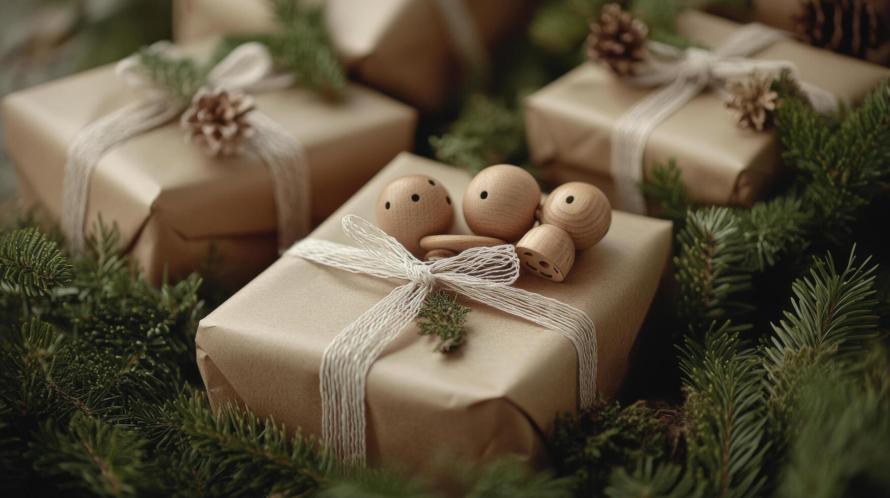 Wrapped gifts displayed elegantly with wooden figures and natural decorations in a cozy setting photo
