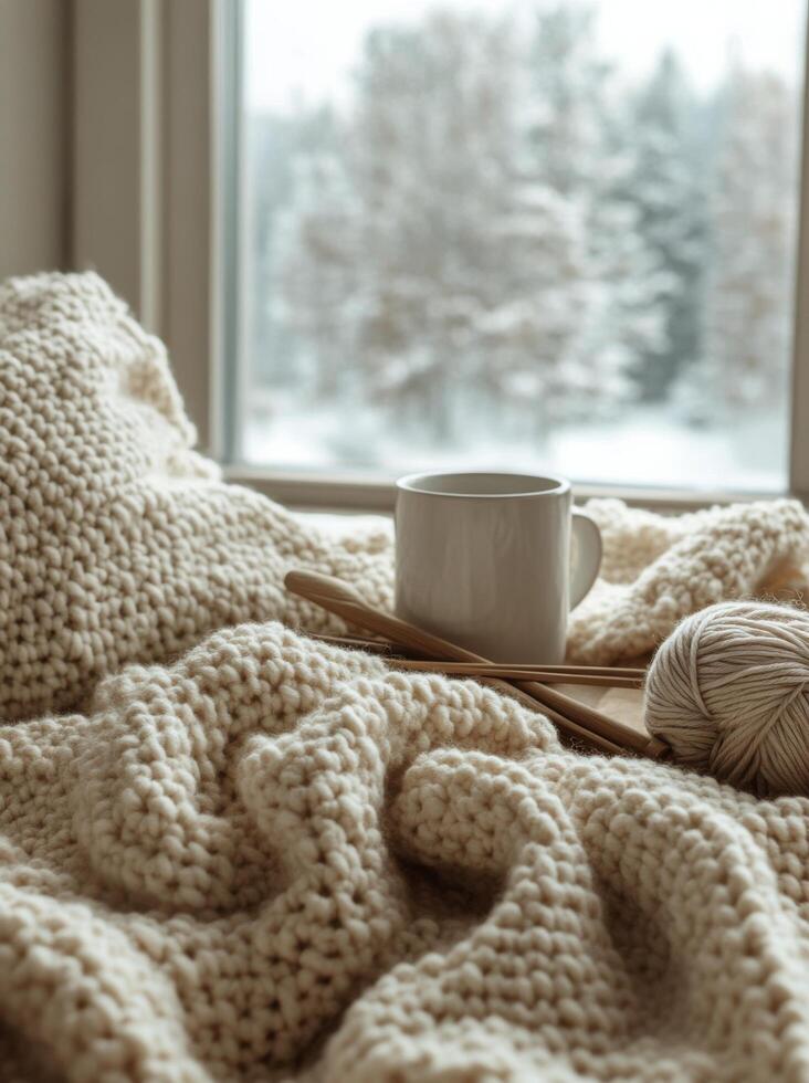 Cozy setup with knitted blanket, coffee cup, and yarn balls in a softly lit room during winter photo