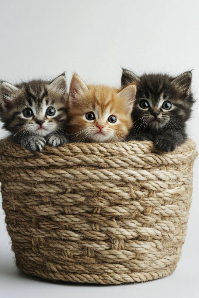 Three adorable kittens sitting together in a woven basket on a neutral background photo