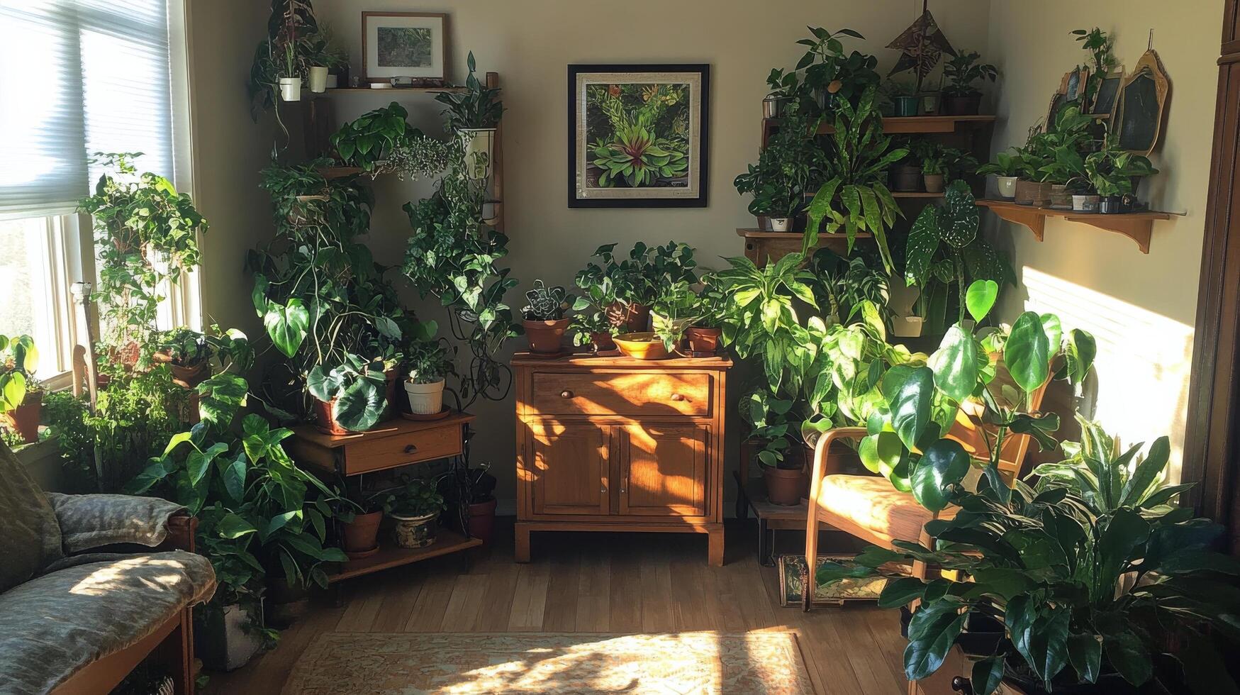 A cozy indoor garden filled with lush greenery in a sunlit living room during the afternoon photo