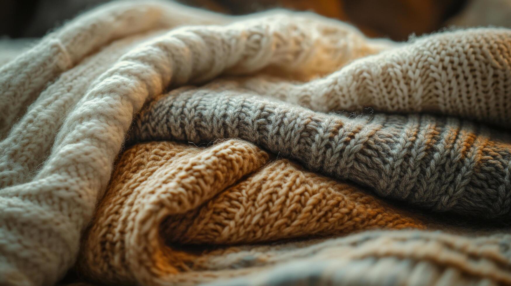 Cozy knit blankets piled together on a soft surface in warm indoor lighting during autumn photo