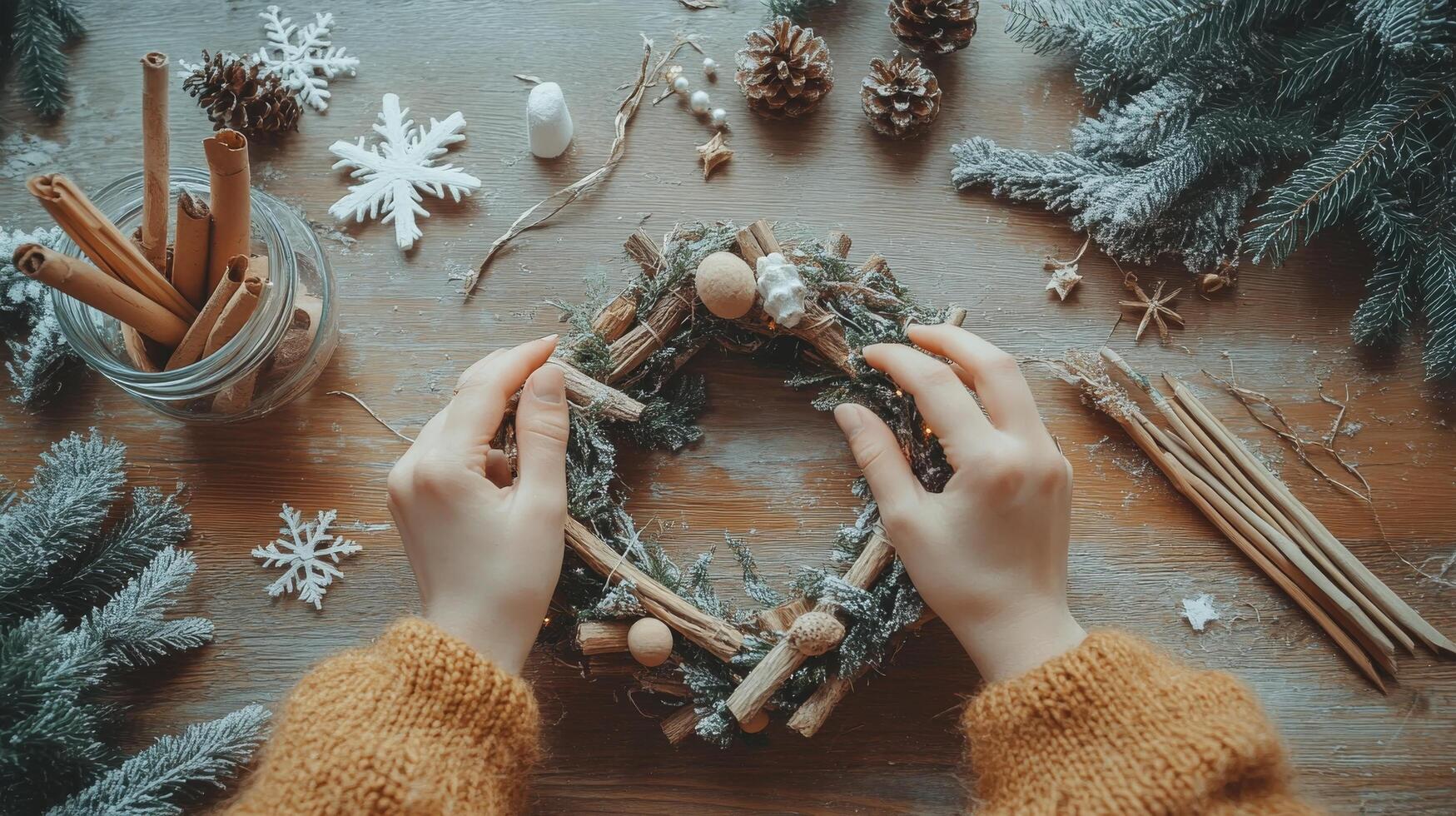 Creating a festive wreath with natural elements in a cozy indoor setting during winter photo