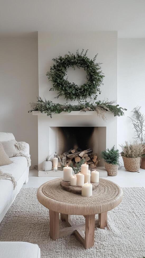 Modern living room with a cozy fireplace decorated for winter with candles and greenery photo