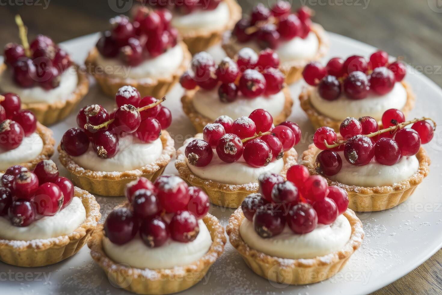 Delicious mini tarts with red currant and whipped cream filling sprinkled with icing sugar photo