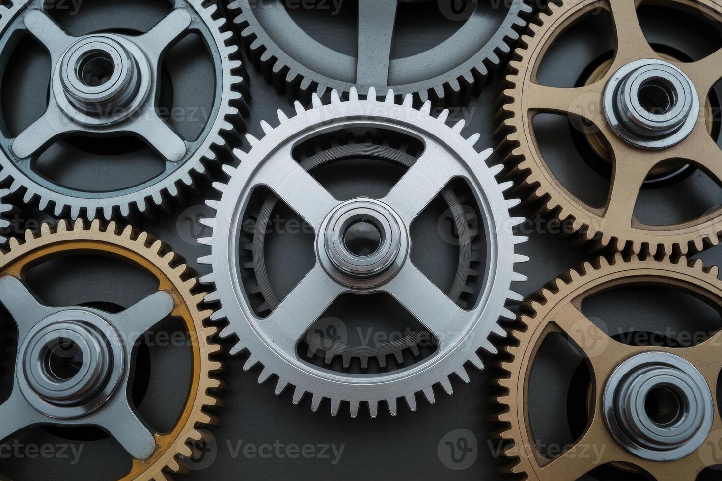 Interlocking metal gears working together in a complex system photo