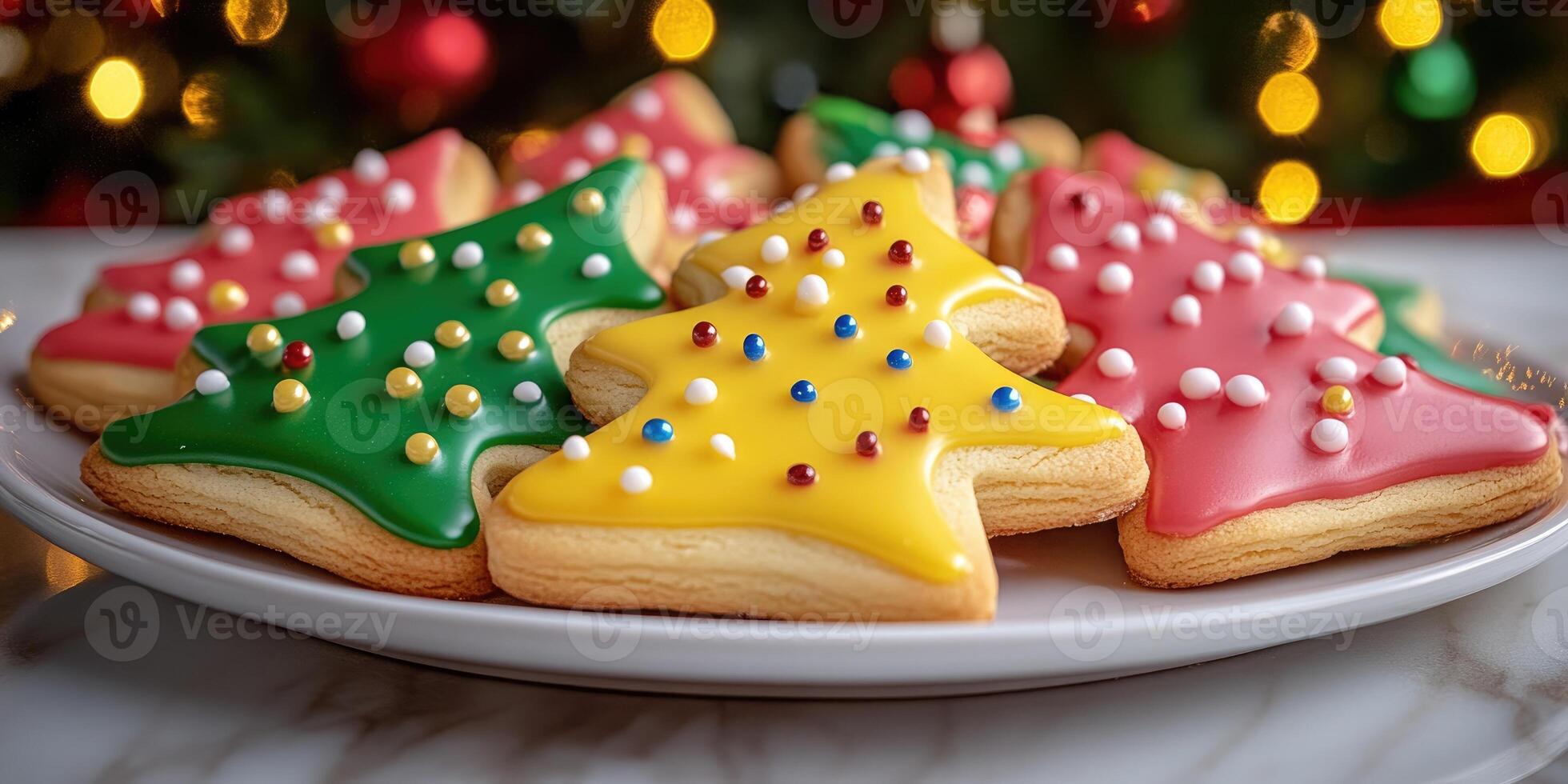 Christmas tree shaped sugar cookies decorated with icing and sprinkles resting on white plate photo