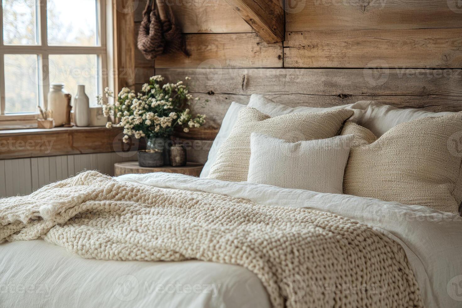 Cozy bedroom interior design with neutral tones and natural textures photo