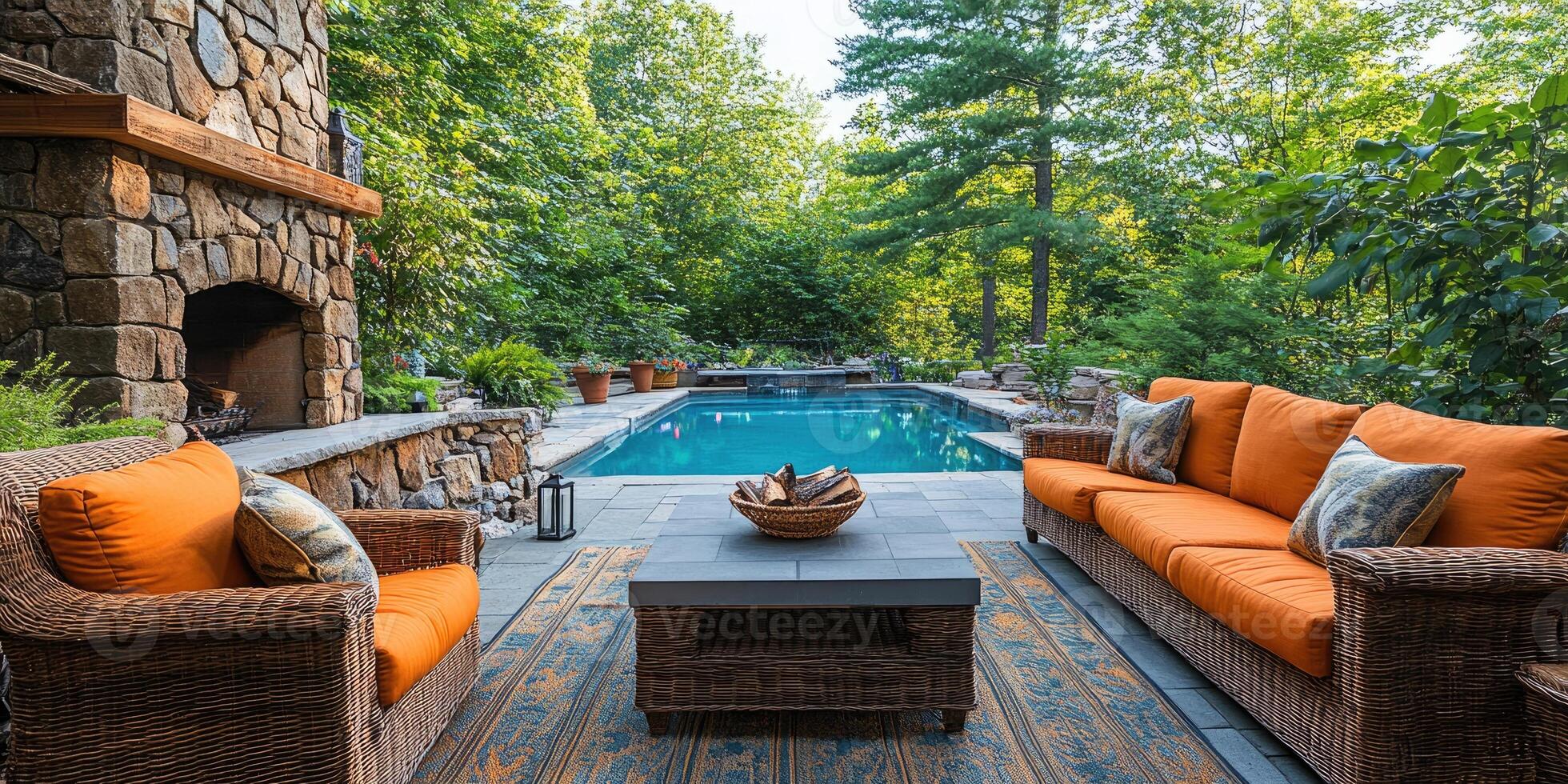 Relaxing backyard patio overlooking inviting swimming pool and lush green forest photo