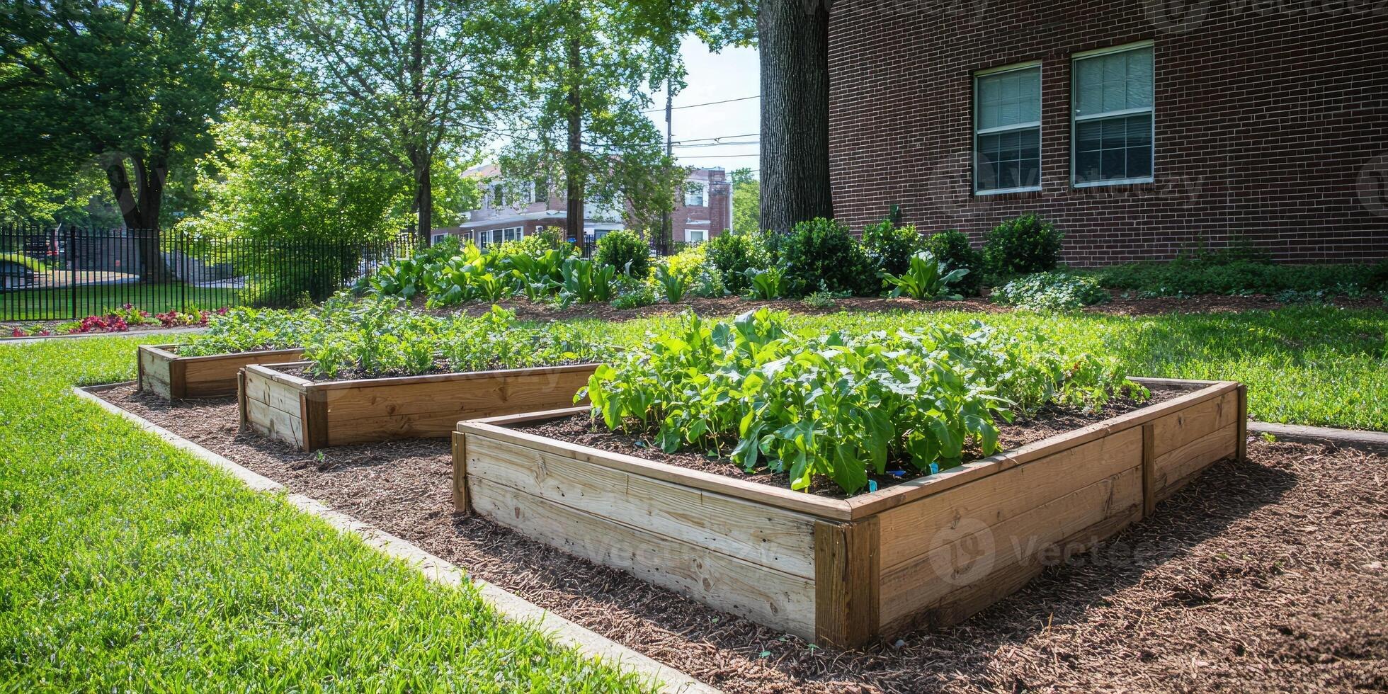 Raised garden beds growing vegetables in community garden by brick building photo
