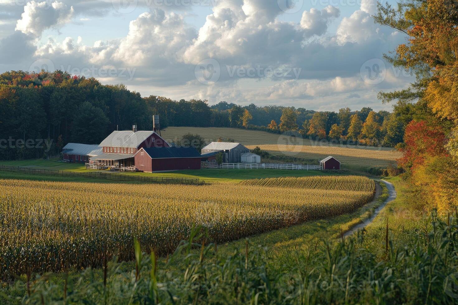 Red barn dominating corn fields in scenic autumn landscape photo