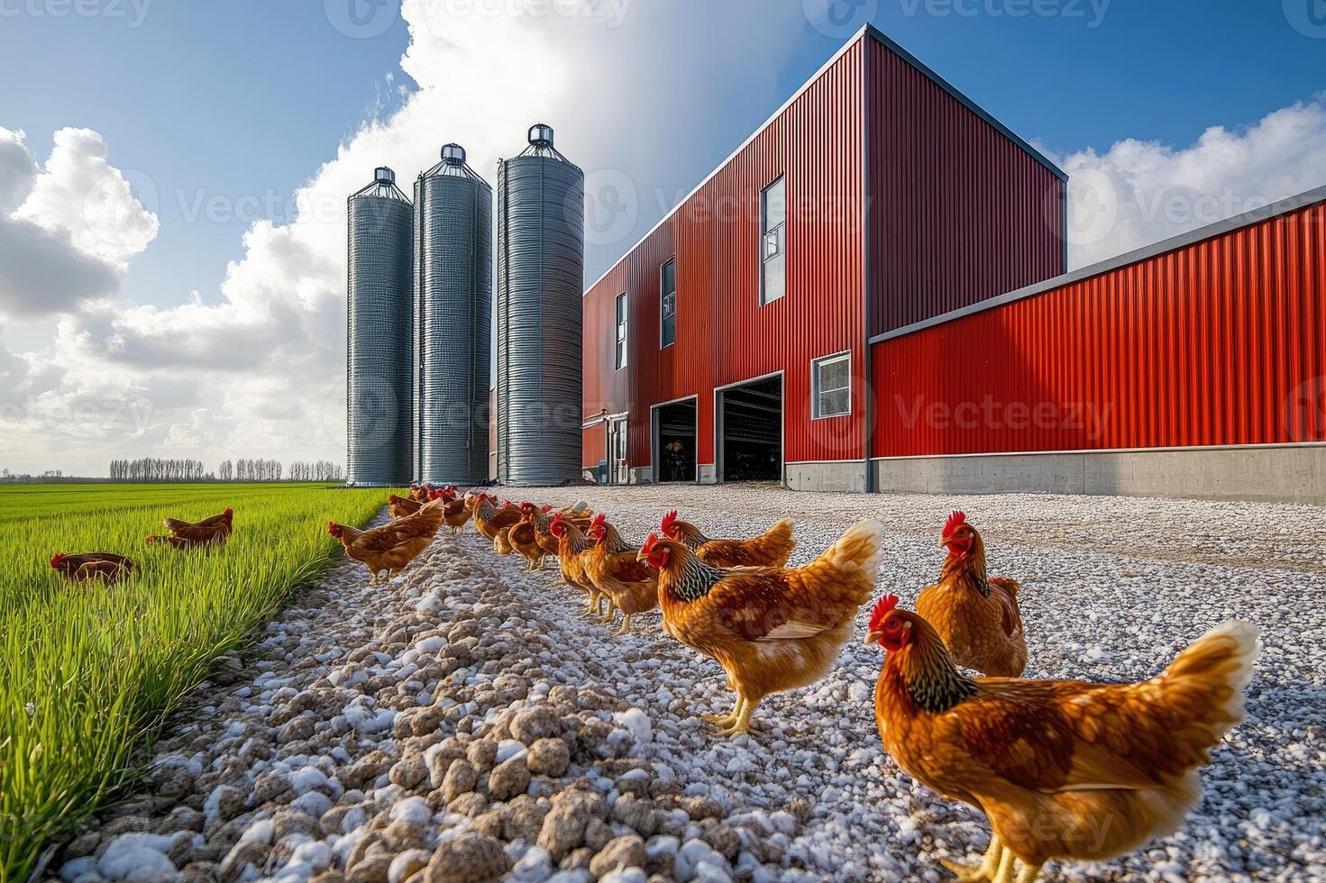 Free range chicken walking near red barn and three silos in the countryside photo