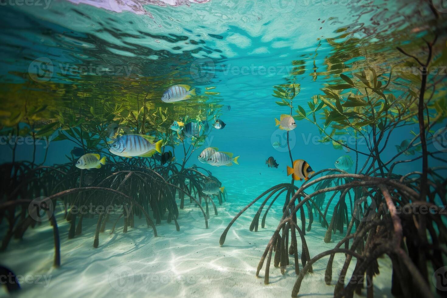 Tropical fish swimming through mangrove roots in shallow water photo