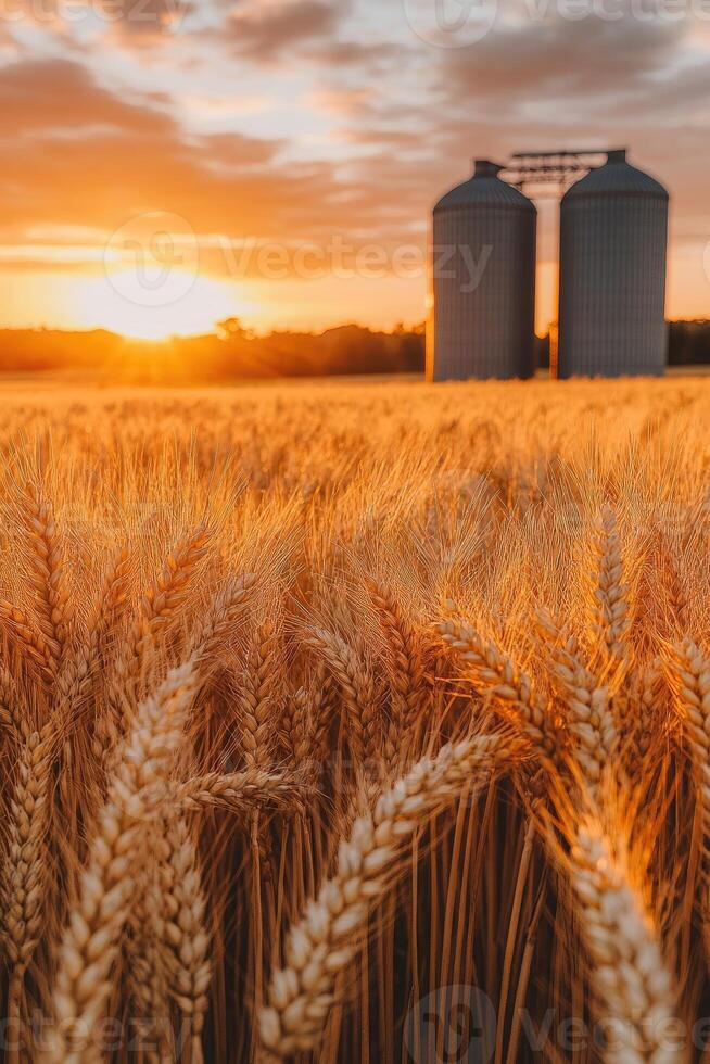 Golden wheat field at sunset with grain silos in background photo