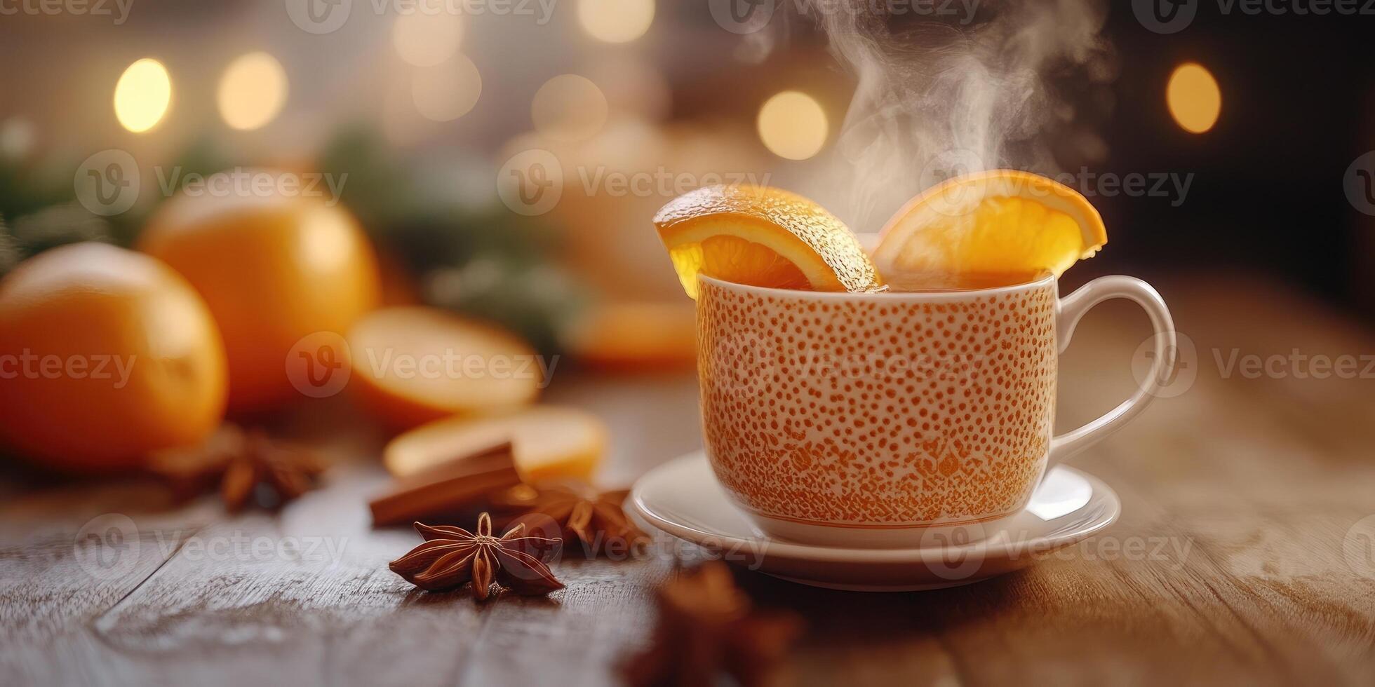 Steaming teacup with orange slices and christmas spices on wooden table photo