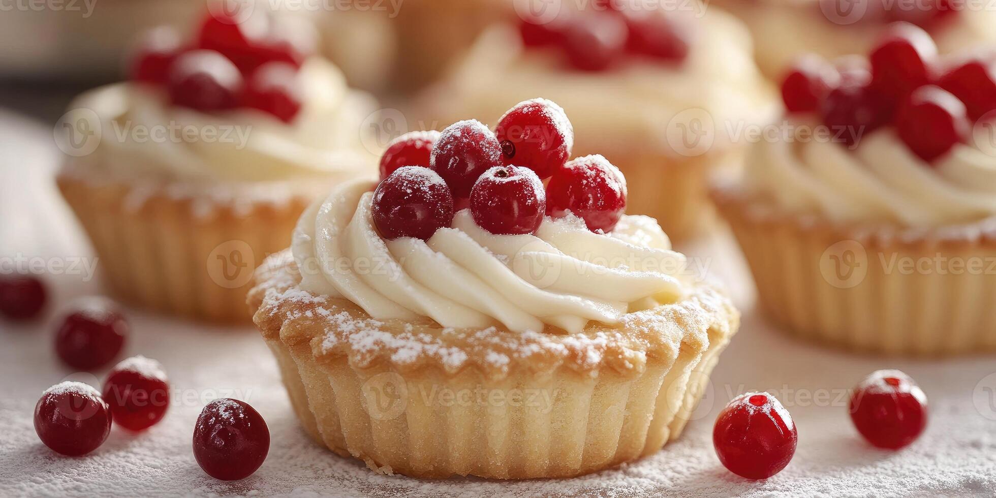 Delicious tartlets with cream and red currant decorated with powdered sugar photo