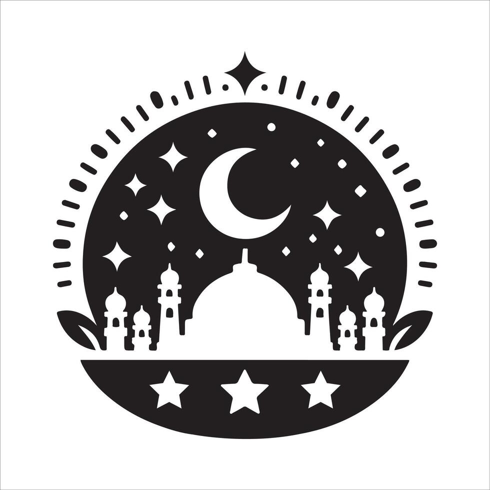 Ramadan Kareem Logo Crescent and Lanterns with Black Mosque Silhouette vector