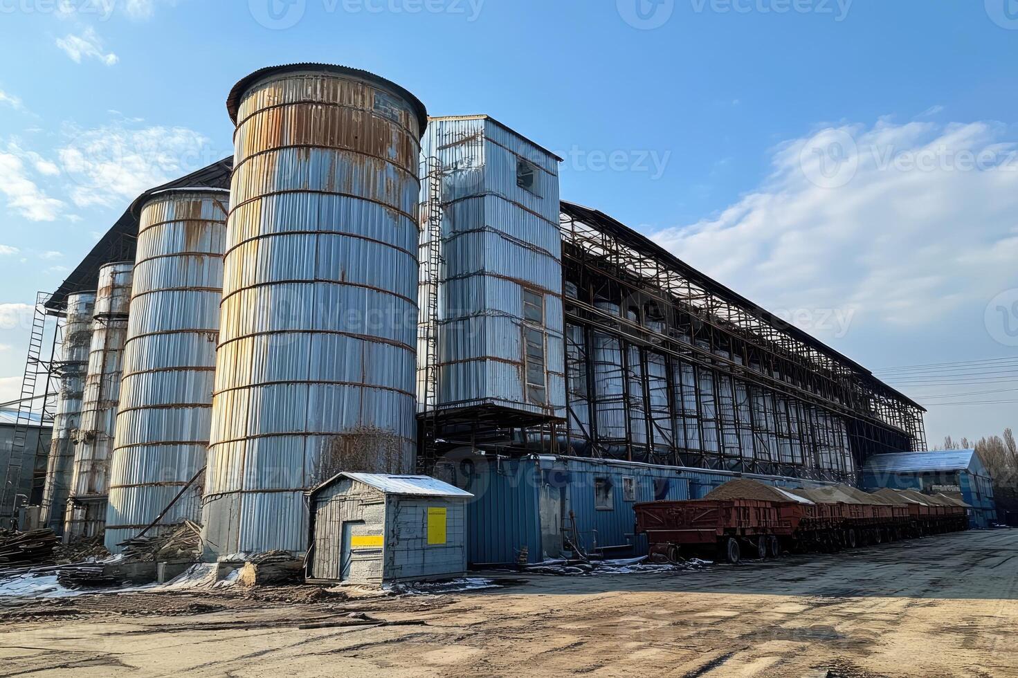 Old grain elevator silos storing harvested crops on farm in winter photo