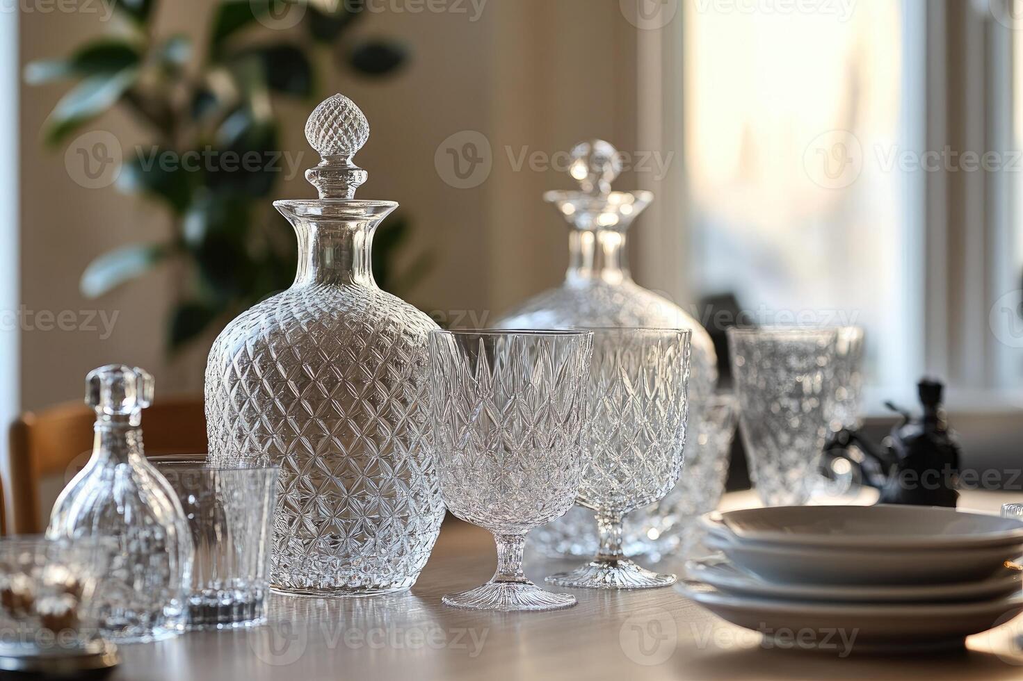 Crystal decanters and glasses sparkling on dining table photo