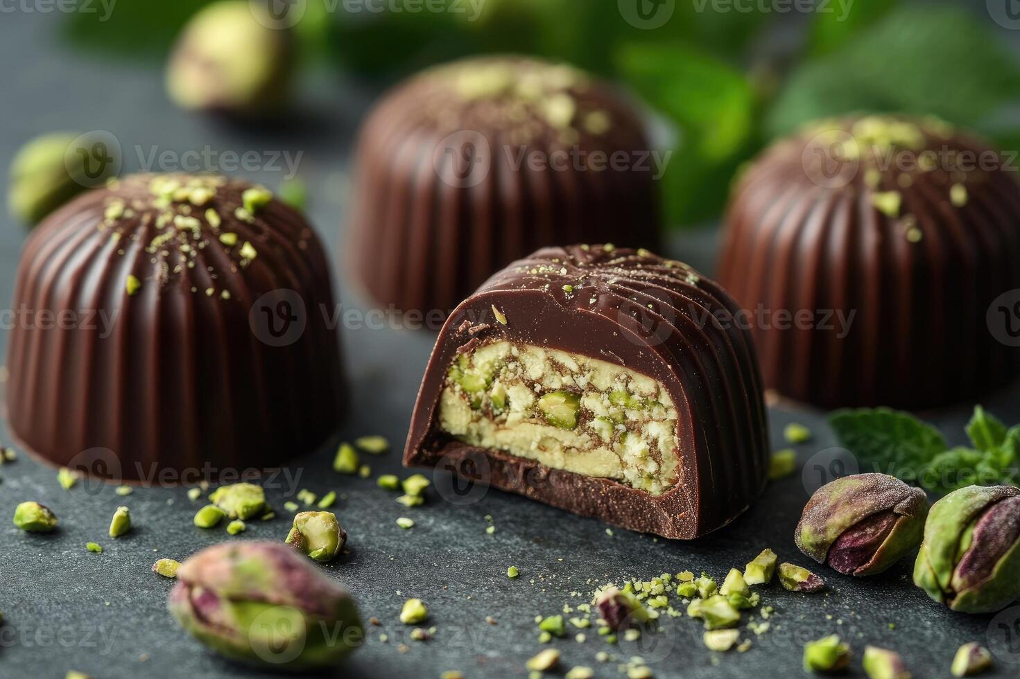 Delicious pistachio chocolate pralines showing filling on dark background photo