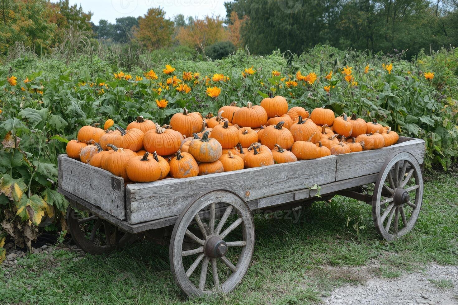 Pumpkins filling a rustic wooden cart in a farm during autumn photo