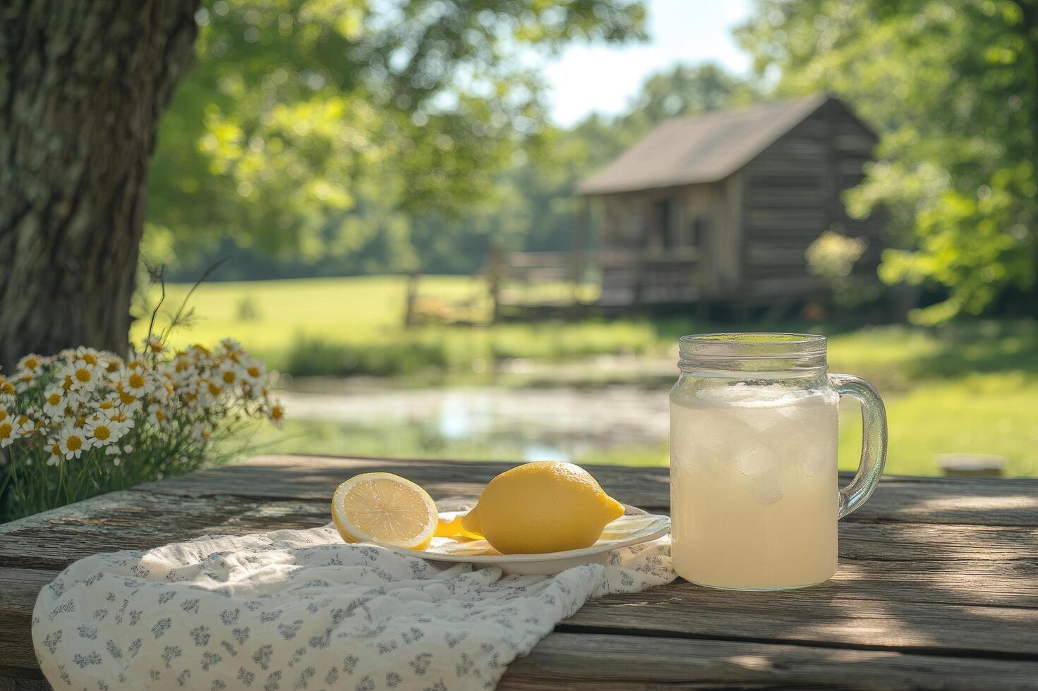 Refreshing lemonade with lemons on table enjoying rustic countryside ambiance photo